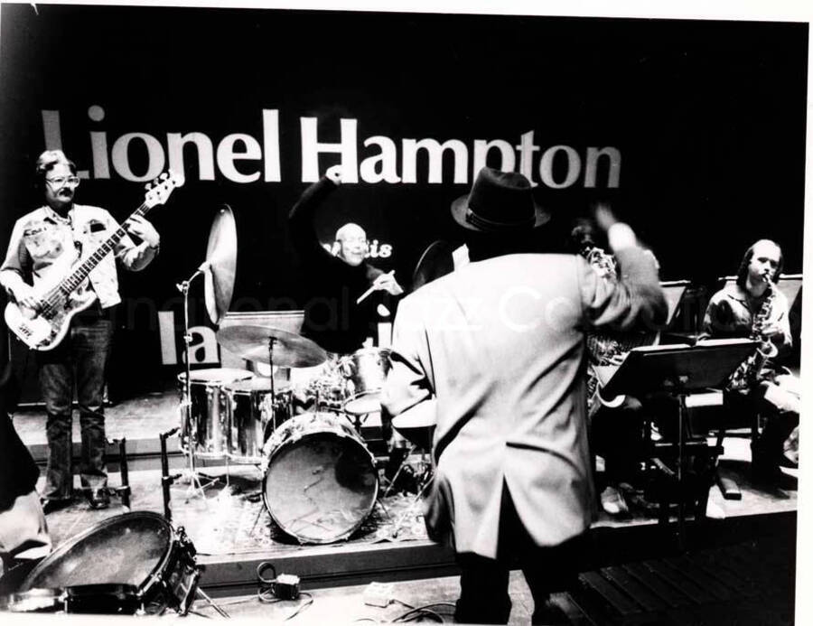4 x 5 1/2 inch photograph. Lionel Hampton and his Jazz Giants, [in France]