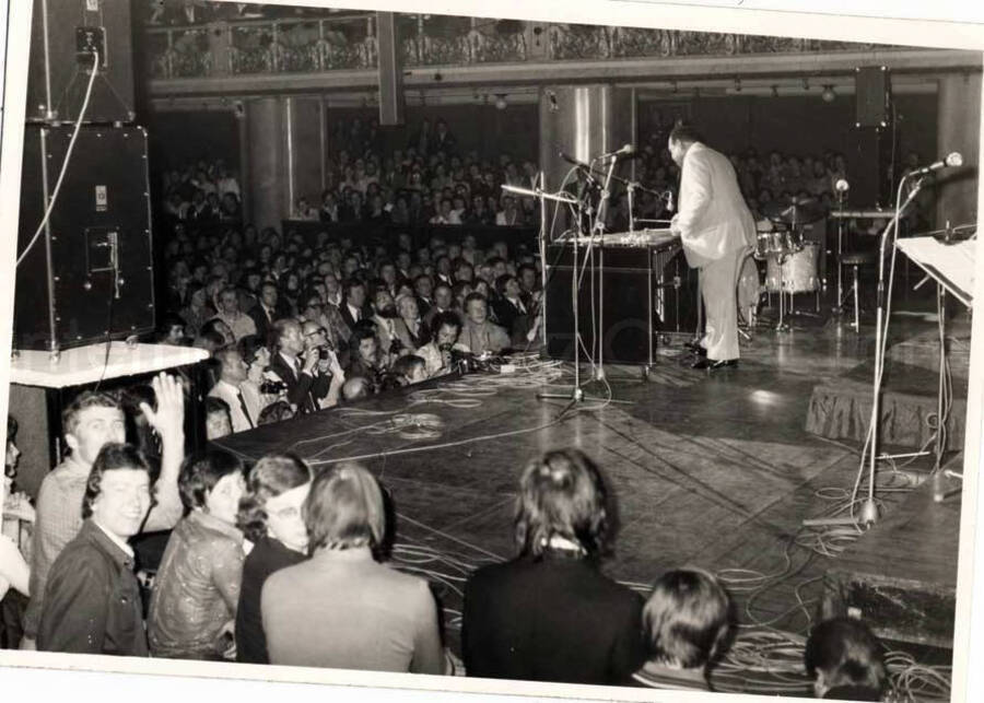Lionel Hampton playing the vibraphone. This photograph is dedicated to Lionel Hampton as a souvenir of his concert at the Lucerna Hall in Prague