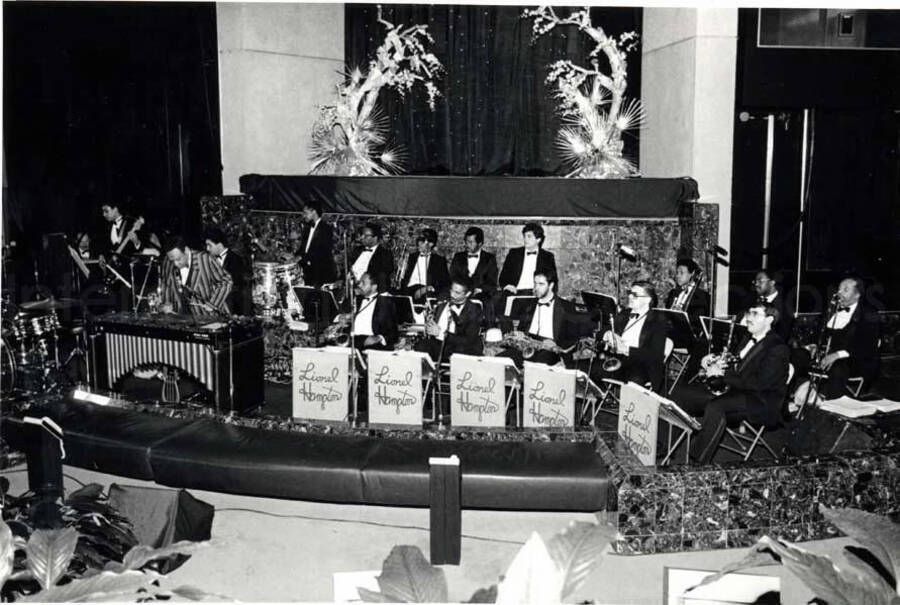 5 x 7 inch photograph. Lionel Hampton playing the vibraphone with orchestra in Berkeley Heights, NJ