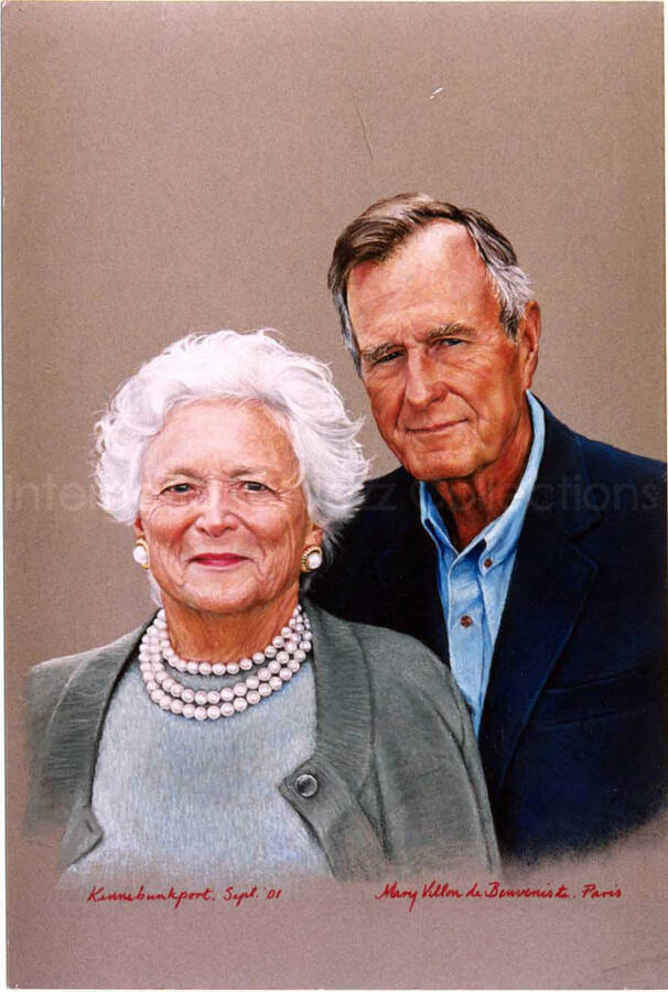 7 x 5 inch photograph. This is a print of a portrait of George and Barbara Bush, draw by Mary Villon de Benveniste, in Kennebunkport