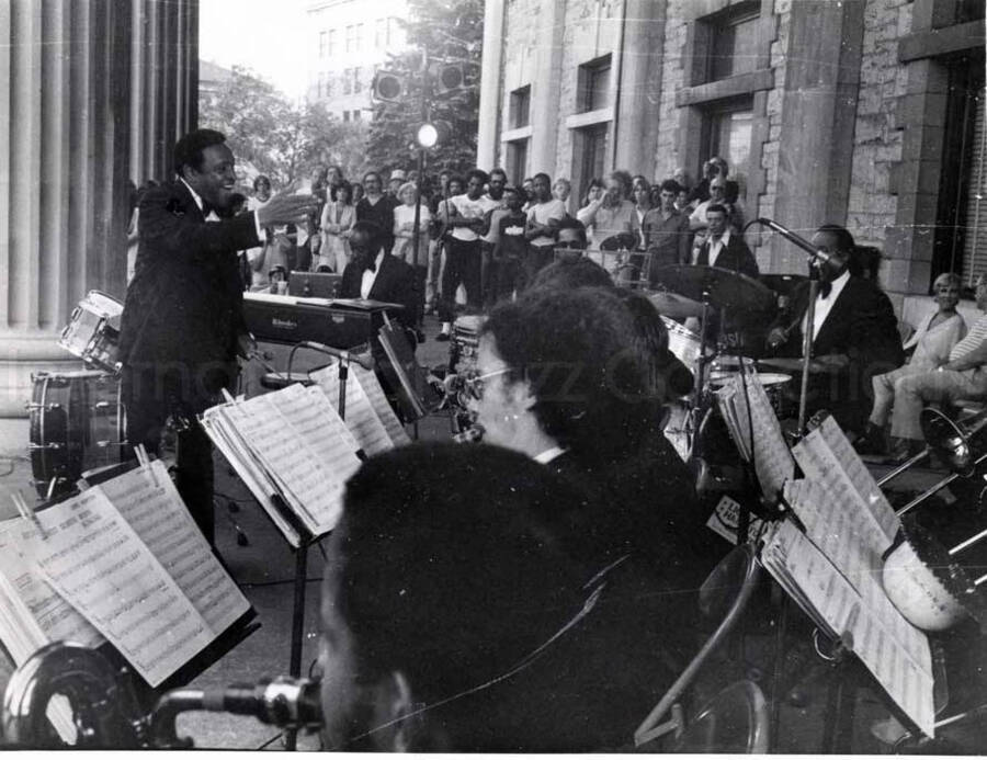 8 1/2 x 6 1/2 inch photograph. Lionel Hampton with band performing the song Sweet Georgia Brown