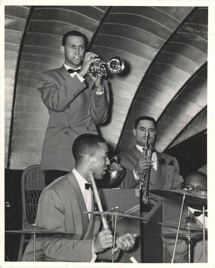 10 x 8 inch photograph. Members of the Lionel Hampton's band at the Palomar Ballroom]