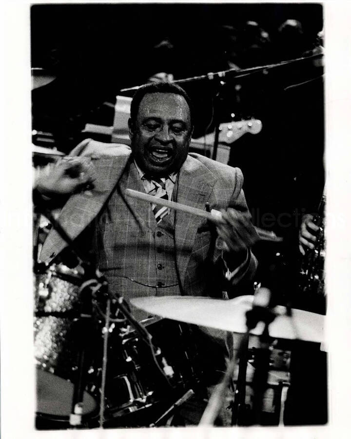 10 x 8 inch photograph. Lionel Hampton playing the drums [in Netherlands?]