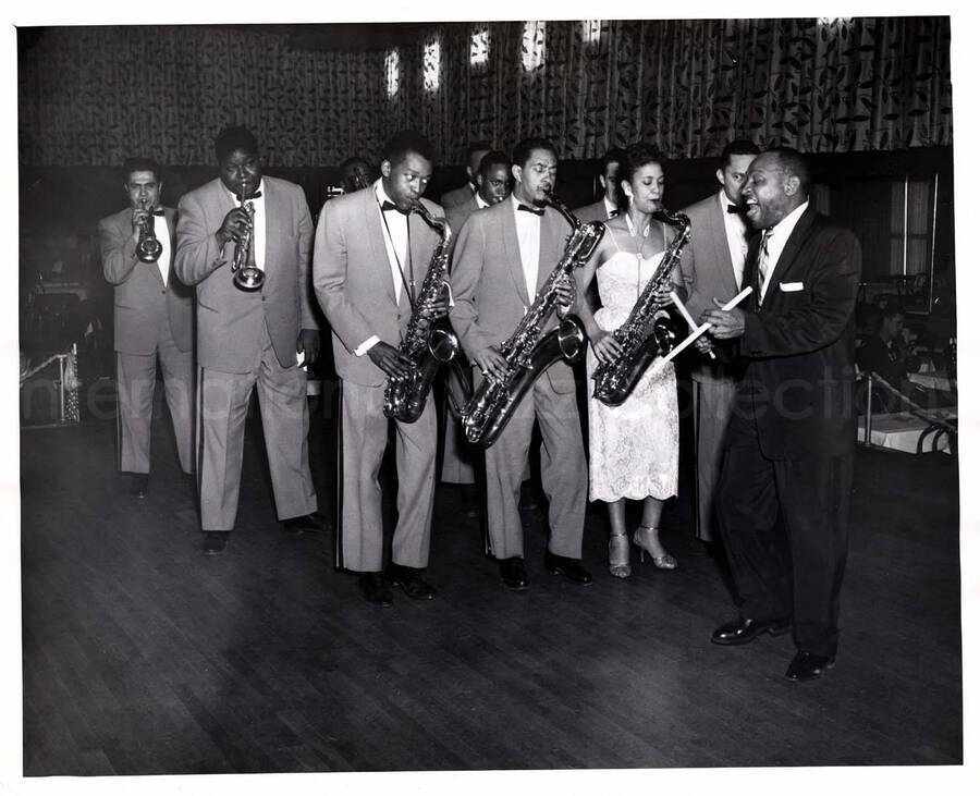 8 x 10 inch photograph. Lionel Hampton and band [in Canada?]