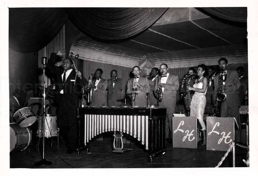 5 x 7 inch photograph. Lionel Hampton performing with orchestra [in Canada?]