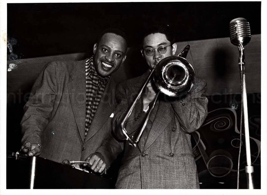 5 x 7 inch photograph. Lionel Hampton with unidentified trombonist