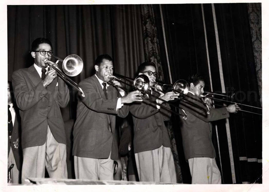 5 x 7 inch photograph. Trombonists of Lionel Hampton's orchestra, which includes Al Grey (second from left) and Paul Lee Higaki (third from left).