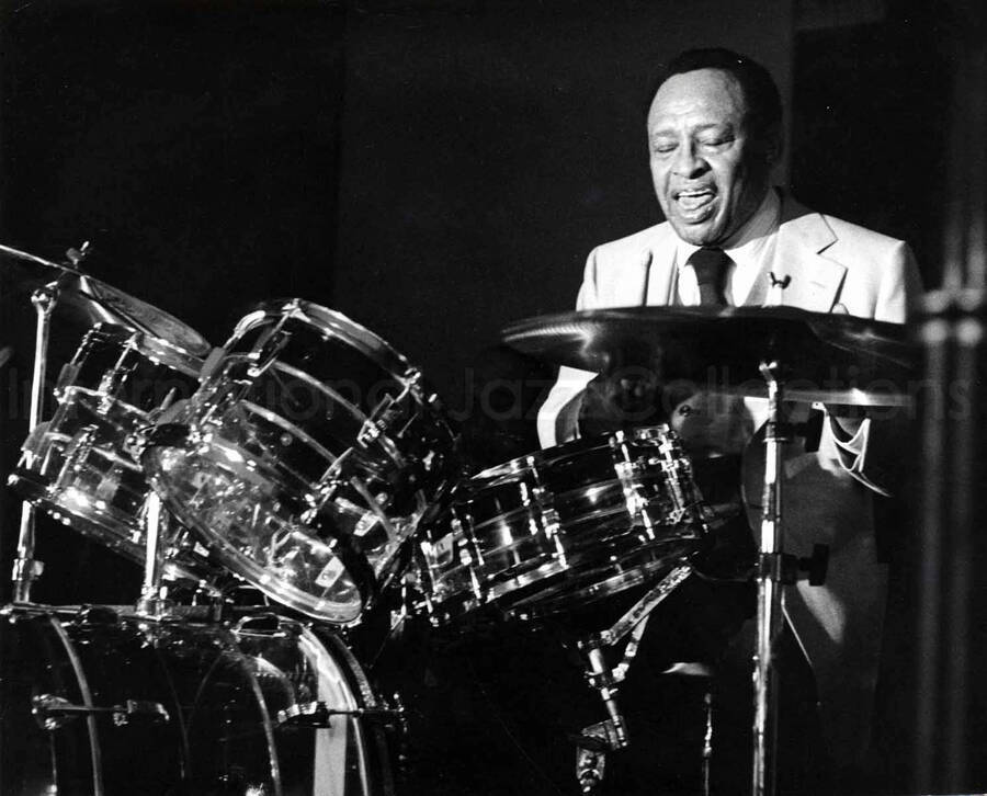 10 x 8 inch photograph. Lionel Hampton playing the drums
