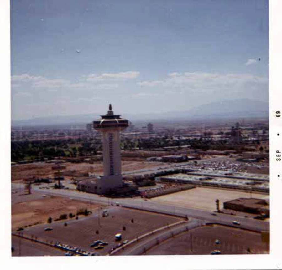 3 1/2 x 3 1/2 inch photograph. View of a control tower at an unidentified airport