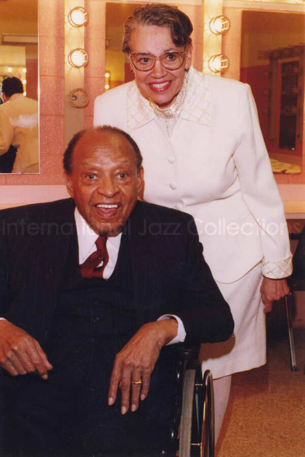 4 x 6 inch photograph. Lionel Hampton with Camay Calloway Murphy, on the occasion of his receiving the Peabody/Coppin Jazz Society Award. Baltimore, MD. This photograph was in a green Chromium frame