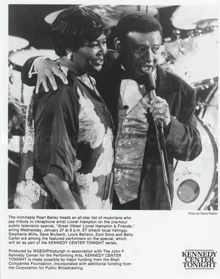 10 x 8 inch promotional photograph. Lionel Hampton with Pearl Bailey. This concert was aired January 27, 1982 on the public television special, Great Vibes! Lionel Hampton and Friends, as part of the Kennedy Center Tonight series