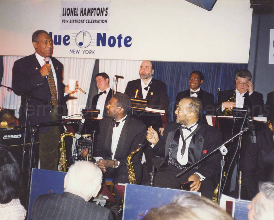 8 x 10 inch photograph. Bill Cosby and band. Lionel Hampton's 90th birthday at the Blue Note in New York
