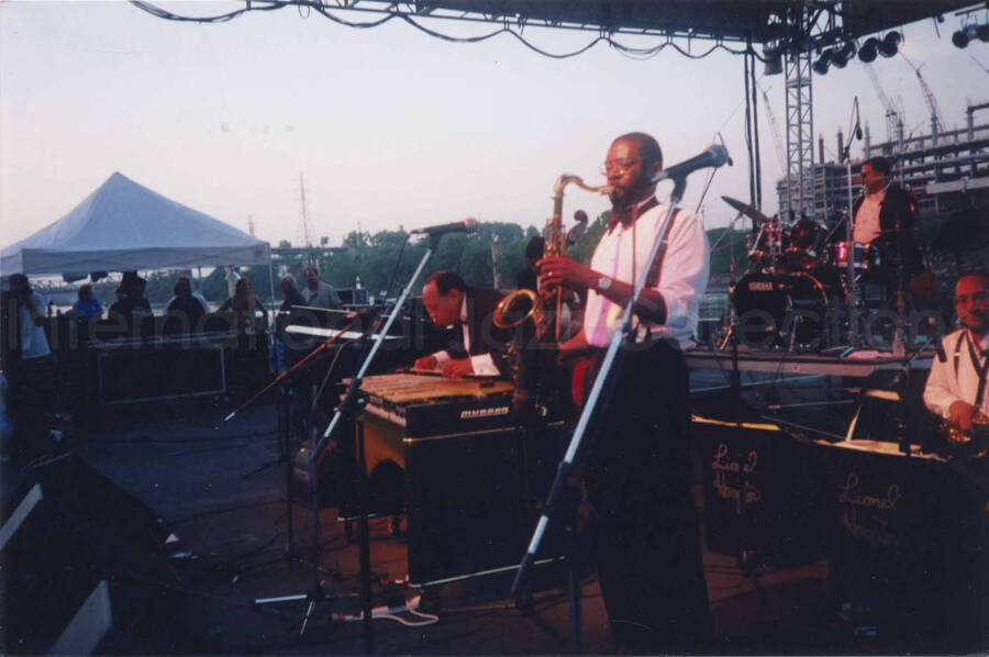 4 x 6 inch photograph. Lionel Hampton playing the vibraphone at the outdoors concert at the River Front, in Nashville, TN