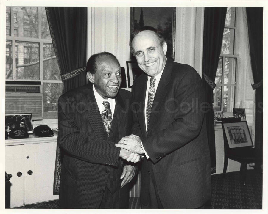 8 x 10 inch photograph. Lionel Hampton with Rudolph Giuliani, Mayor of New York City, probably in the Mayor's office