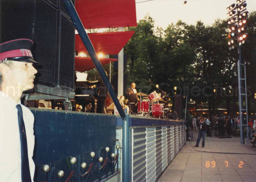 3 1/2 x 5 inch photograph. Lionel Hampton and band at an outdoor concert