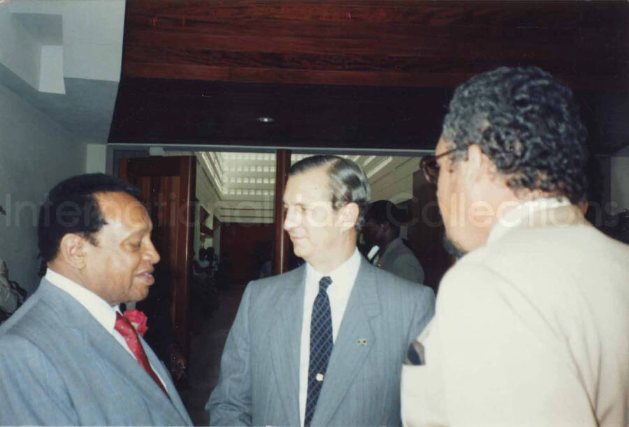 3 1/2 x 5 inch photograph. Lionel Hampton with the Right Honorable Edward Seaga, Prime Minister of Jamaica, in Kingston, Jamaica