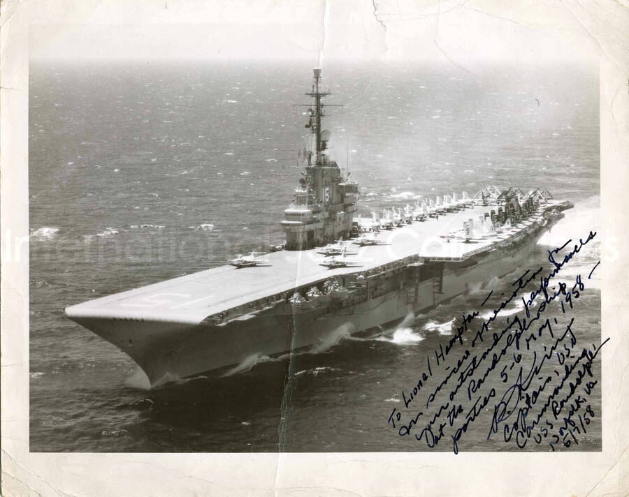 11 x 14 inch photograph. Aircraft carrier USS Randolph. Norfolk, VA. This Photograph has a dedication to Lionel Hampton