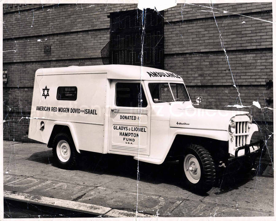 11 x 14 inch photograph. Ambulance donated by Gladys and Lionel Hampton Fund to the American Red Mogen Dovid for Israel