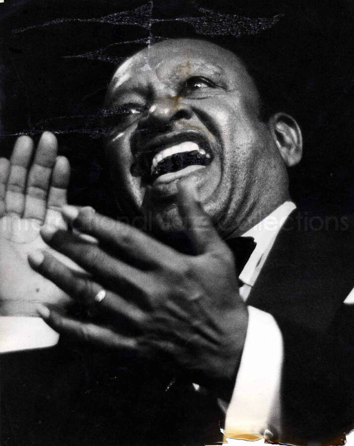 12 x 9 1/2 inch photograph. Lionel Hampton in Munich, Germany. This photograph is dedicated to Lionel Hampton from Walter Bayer