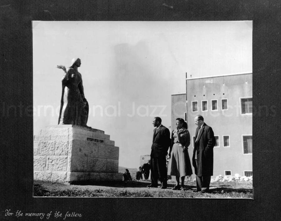 10 x 10 inch photograph. Lionel Hampton in Israel. This photograph is in a photo album titled: In the Holy City - Jerusalem. Caption under the photograph reads: For the memory of the fallen