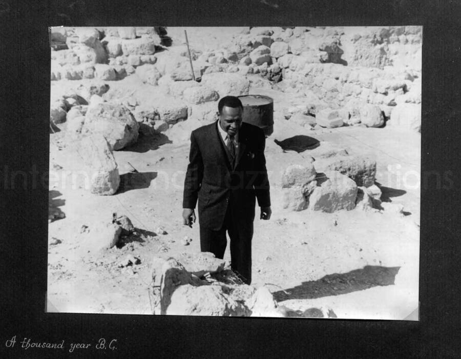 10 x 10 inch photograph. Lionel Hampton in Israel. This photograph is in a photo album titled: In the Holy City - Jerusalem. See also LH.III.2189. Caption under the photograph reads: A thousand year B.C.