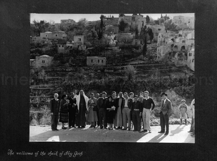 8 x 10 inch photograph. Lionel Hampton in Israel. This photograph is in a photo album titled: In the Holy City - Jerusalem. Caption under the photograph reads: The welcome of the sheik of Aby Gosh