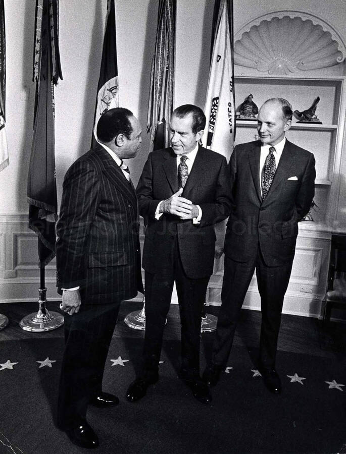 13 x 10 inch photograph. Lionel Hampton with President Richard Nixon and unidentified man in the White House, Washington D.C.
