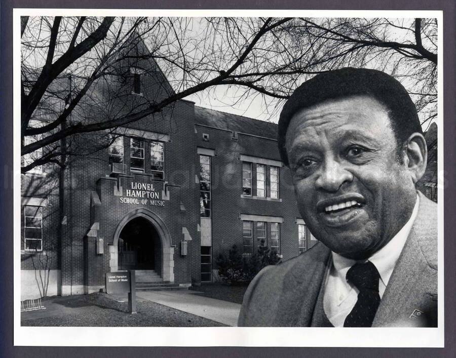 11 x 14 inch photograph. This is an assembled image. In the background on the left is the entrance of the Lionel Hampton School of Music at the University of Idaho and on the right, a portrait of Lionel Hampton. This might be the picture that served as model for the dedication plaque of the music school. This photograph is glued to a piece of cardboard