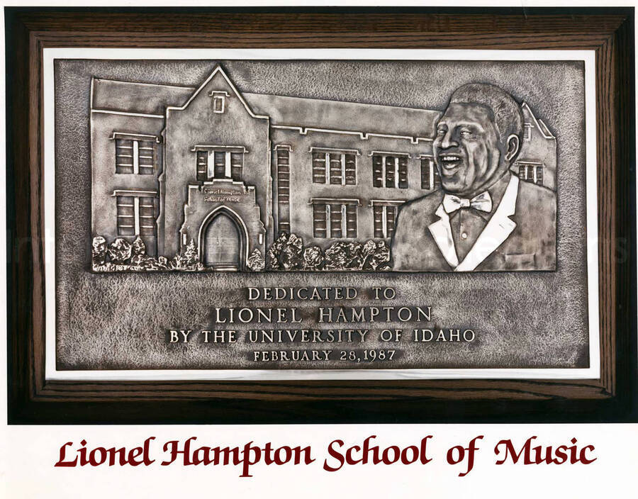 11 x 14 inch photograph. Dedication plaque of the Lionel Hampton School of Music at the University of Idaho, Moscow, ID