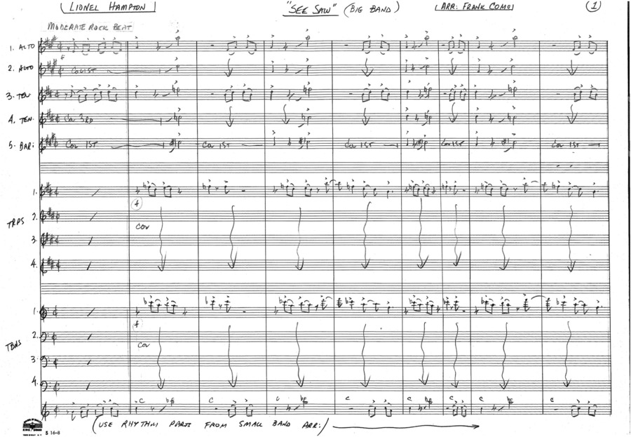 2 copies; 1 score (9 p.) + 14 parts, Big Band arrangement; 1 score (9 p.) + 7 parts, Small Band arrangement