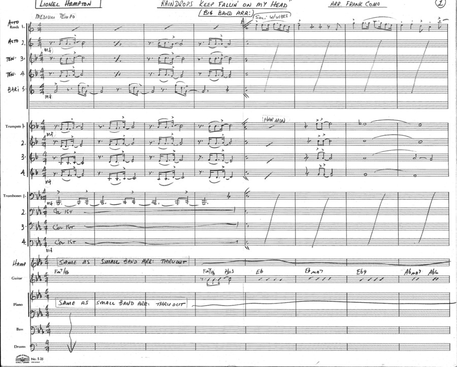 3 copies; 1 score (9 p.) + 18 parts, Big Band arrangement; 1 score (9  p.) + 8 parts, Small Band arrangement; 1 score ( 32 p.) 16 parts