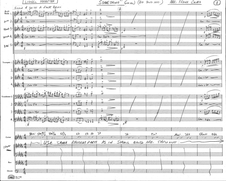 2 copies; 1 score (8 p.) + 17 parts, Big Band arrangement; 1 score (8 p.) + 7 parts, Small Band arrangement