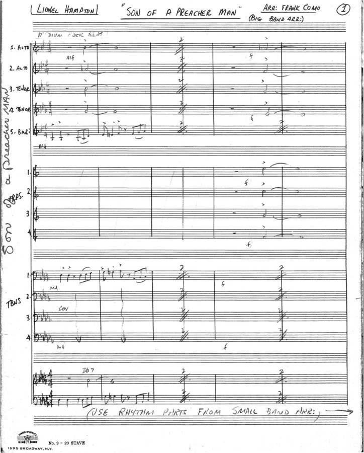 3 copies; 1 score (16 p.) + 13 parts; 1 score (10 p.) + 14 parts, Big Band arrangement; 1 score (10 p.) + 7 parts, Small Band arrangement
