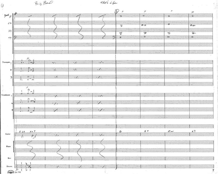 2 copies; 1 score (3 p.) + 8 parts, Pinocchio, Small Band arrangement; 1 score (6 p.) + 12 parts, Big Band arrangement