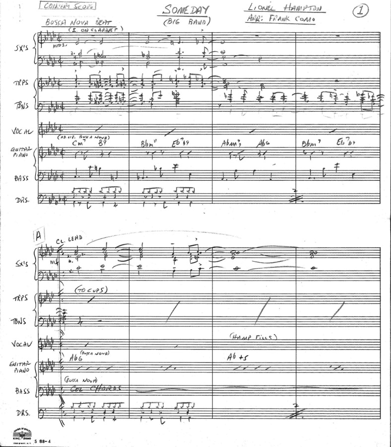 3 copies; 1 score (15 p.) + 18 parts, Childers, Buddy (arranger); 1 score (15 p.) + 7 parts, Como, Frank (arranger), Small Band arranger; 1 score (13 p.) + 7 parts, Como, Frank (arranger), Big Band arrangement