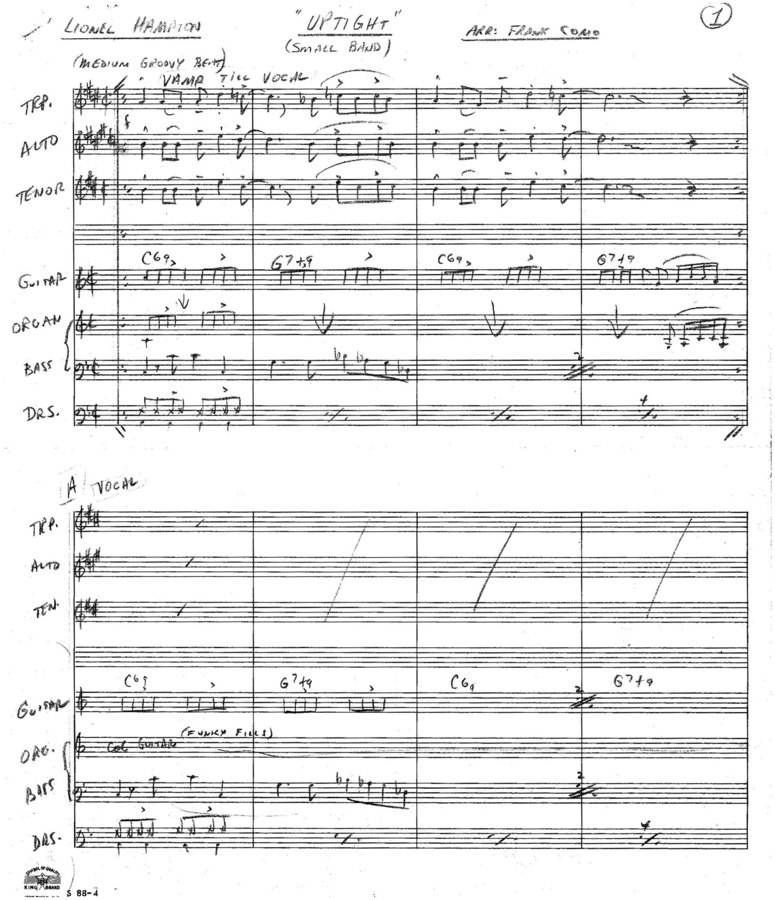 2 copies; 1 score (13 p.) + 6 parts, Small Band arrangement; 1 score (13 p.) + 6 parts, Big Band arrangement