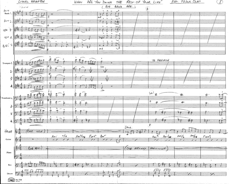 2 copies; 1 score (9 p.) + 18 parts, Big Band arrangement; 1 score (9 p.) + 4 parts, Small Band arrangement