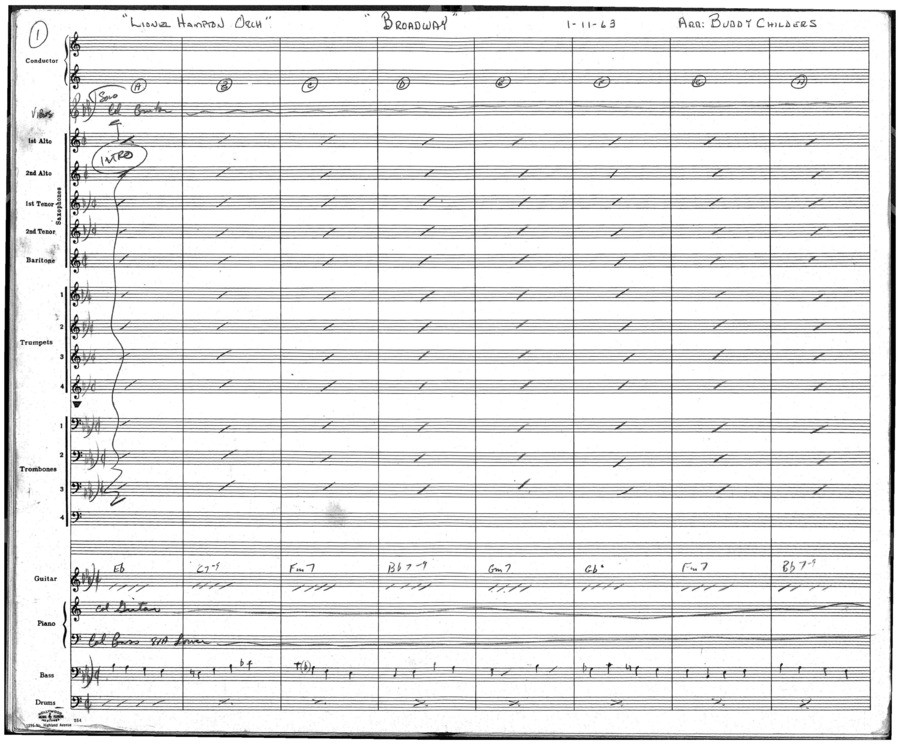 For the Lionel Hampton Orchestra; 1 score (25 p.) + 17 parts