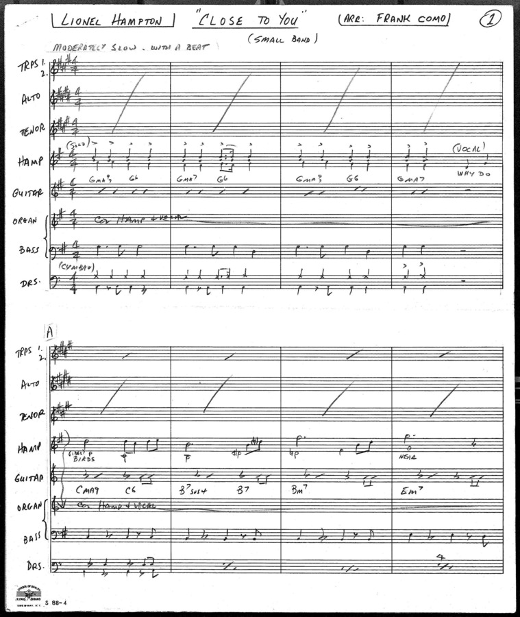 2 copies; 1 score (16 p.) + 14 parts (Big Band arrangement); 1 score (8 p.) + 9 parts (Small Band arrangement)