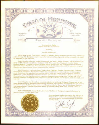 Certificate. 14"x11" Proclamation with gold foil seal To Lionel Hampton from the State of Michigan. John Engler, Governor. Mar. 12, 1993