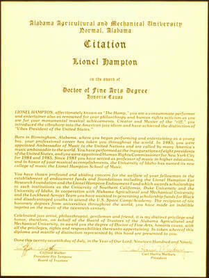 Certificate. 12"x9" Citation Degree of Doctor of Fine Arts, honoris causa, conferred upon Lionel Hampton by the Alabama Agricultural and Mechanical University. Clifford Walker, President Pro Tempore of the Board of Trustees and Carl Harris Marbury, President. Normal, AL, July 27, 1990
