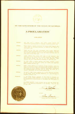 Certificate. 17"x11" Proclamation with gold foil Seal of the Executive Department of Georgia To Lionel Hampton from the State of Georgia, on his appearance at the Second Annual Fletcher Henderson, Jr. Jazz Festival. Joe Frank Harris, Governor. Cuthbert, GA, June 4, 1988