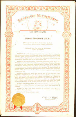 Certificate. 17"x11" Senate Resolution with gold foil seal Senate Resolution n. 64 presented to Lionel Hampton on the occasion of his performance at Mercy High School. Secretary of the Senate. MI, Mar. 4, 1993