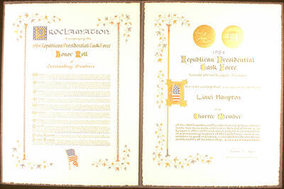 Certificate. 16 3/4"x12 3/4" Blue folder holding a 16"x12" certificate and a 16"x12" proclamation Certifies that Lionel Hampton is a Charter Member of the 1984 Republican Presidential Task Force whose name has been entered in Ronald Wilson Reagan's official Presidential papers, for his support of the Task Force. (Signed Richard G. Lugar, Chairman). Also a Proclamation recognizing the 1984 Republican Presidential Task Force Honor Roll of Outstanding Members.