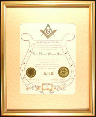 Framed Certificate. 22"x18" Frame holding a 13 1/2"x10 1/2" certificate with two gold foil seals on sand mat under glass Masonic Organizations of Connecticut proclaims September 9, 1990 as Lionel Hampton Masonic Sunday in recognition and appreciation of his outstanding contributions and achievements for the benefit of mankind. Connecticut, Sep. 1990