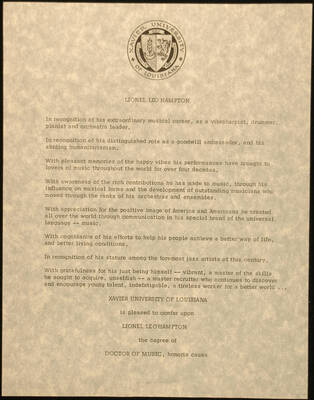 Certificate. 11"x8 1/2" Certificate Degree of Doctor of Music, honoris causa, conferred upon Lionel Hampton by the Xavier University of Louisiana. [New Orleans?],  LA, [n.d.]
