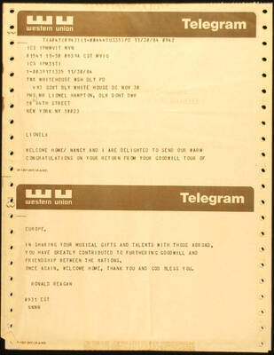 Telegram. Western Union Telegram Telegram from Ronald Reagan welcoming Lionel Hampton on his return from his Goodwill tour of Europe. Dated Nov. 30, 1984