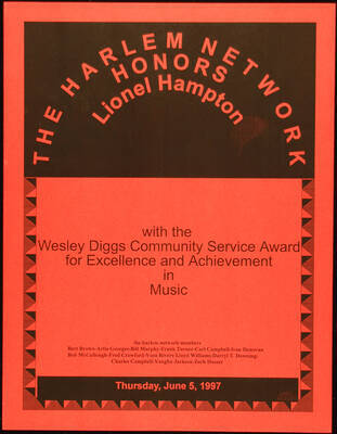 Certificate. 11"x8 1/2" Red paper Wesley Diggs Community Service Award presented to Lionel Hampton by the Harlem Network. June 5, 1997