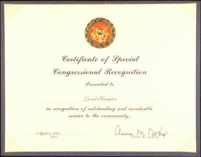 Certificate. 8 1/2"x11" Certificate inside blue folder Certificate of Special Congressional Recognition presented to Lionel Hampton by Anne M. Northup, Member of Congress. Apr. 3, 2001