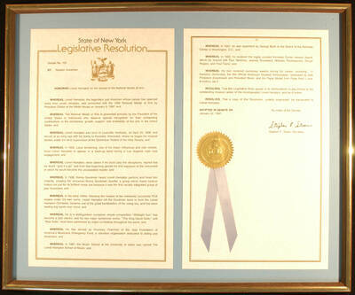 To Lionel Hampton from Senator Goodman of New York, on his receipt of the 1996 National Medal of Arts by President Clinton at the White House on January 9, 1997. Stephen F. Sloan, Secretary. Jan. 22, 1997